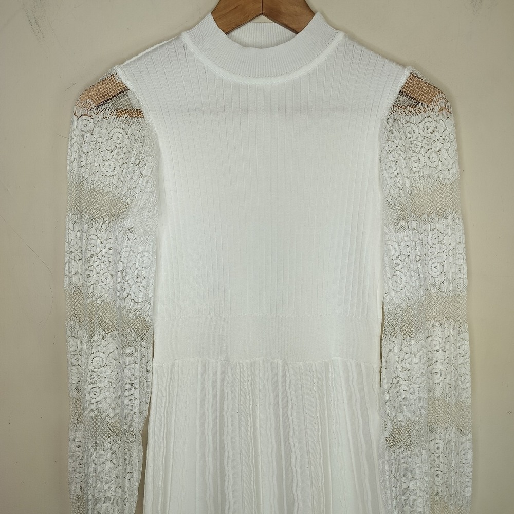 Nanette Lepore Dress Sheer Lace Sleeve Stretch Knit - Picture 2 of 9